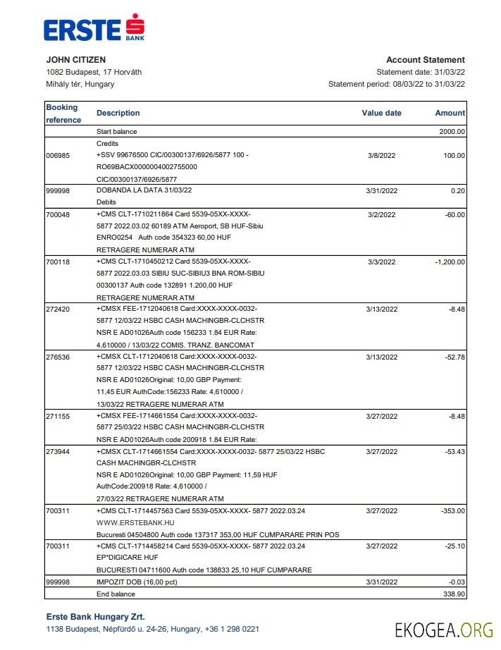 Hongrie Relevé bancaire Erste xls